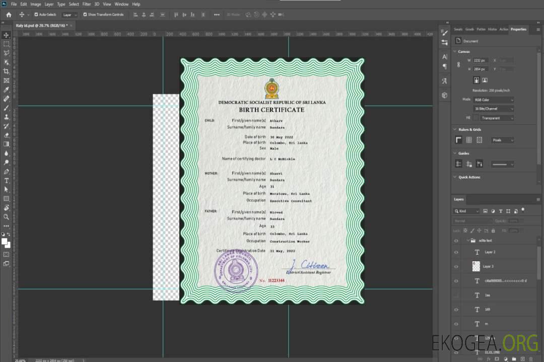 Modèle PSD de certificat de naissance de l'état civil du Sri Lanka template